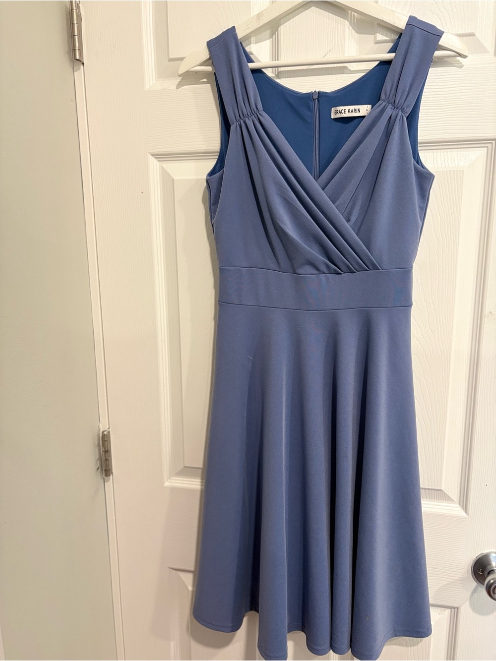 Grace Karin Dusty Blue Surplice V-Neck Midi Dress
